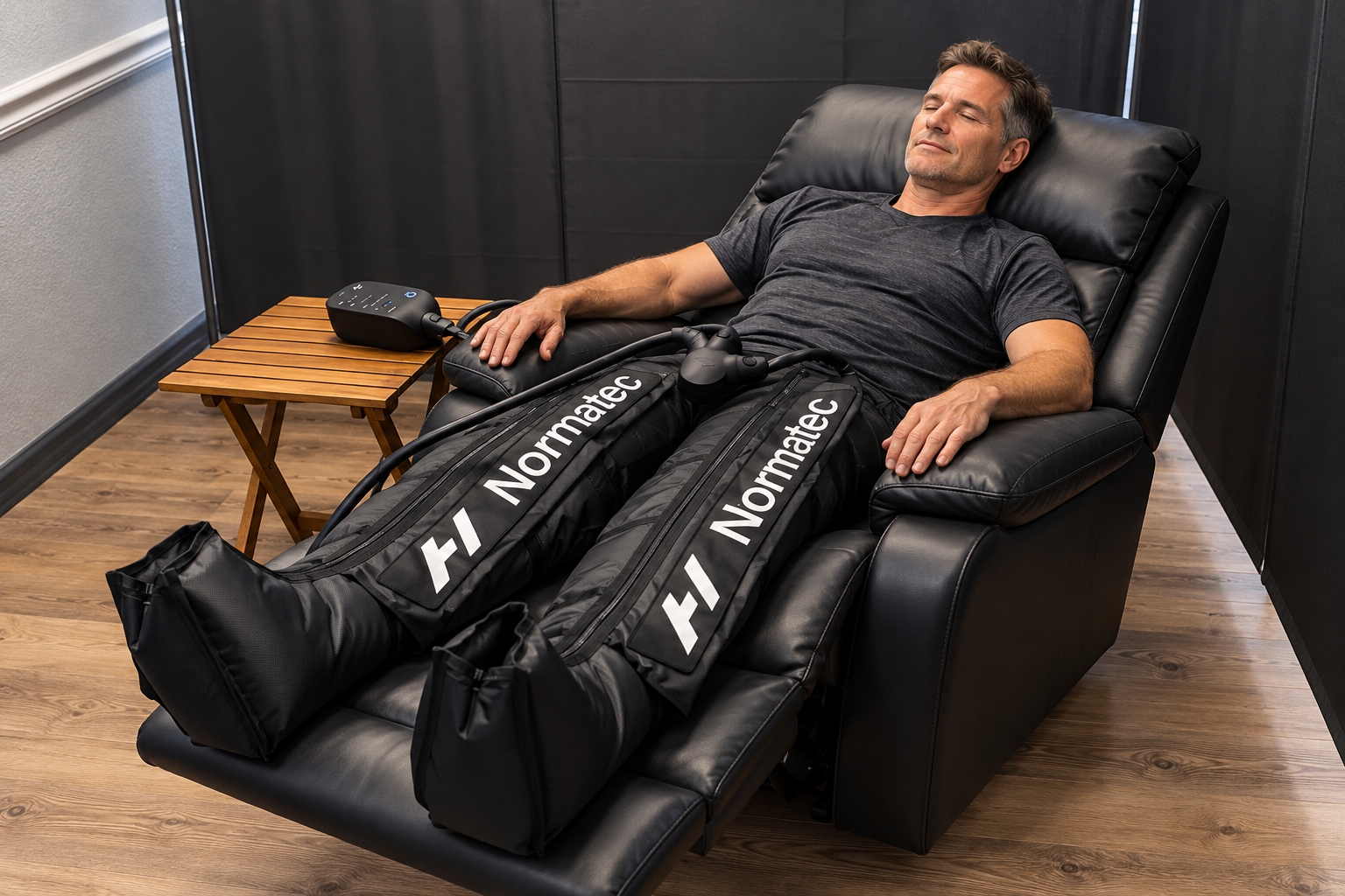 A client relaxes in a reclined chair with Normatec compression boots on both legs, the control unit resting on a side table beside him.